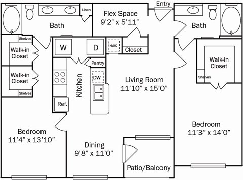A floor plan of a house with a living room, two bedrooms, a patio, and a flex space.